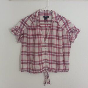 PAIGE KIERAN WOMEN'S TIE FRONT TOP RED WHITE PLAID RUFFLE CAP SLEEVE SIZE XS